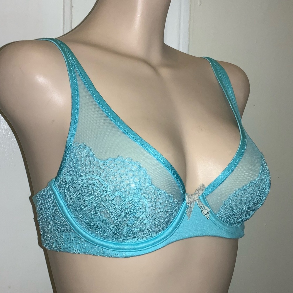 NWT VICTORIAS SECRET  Boby By Unlined Demi Blue Lace Underwire Bra Sheer Panels